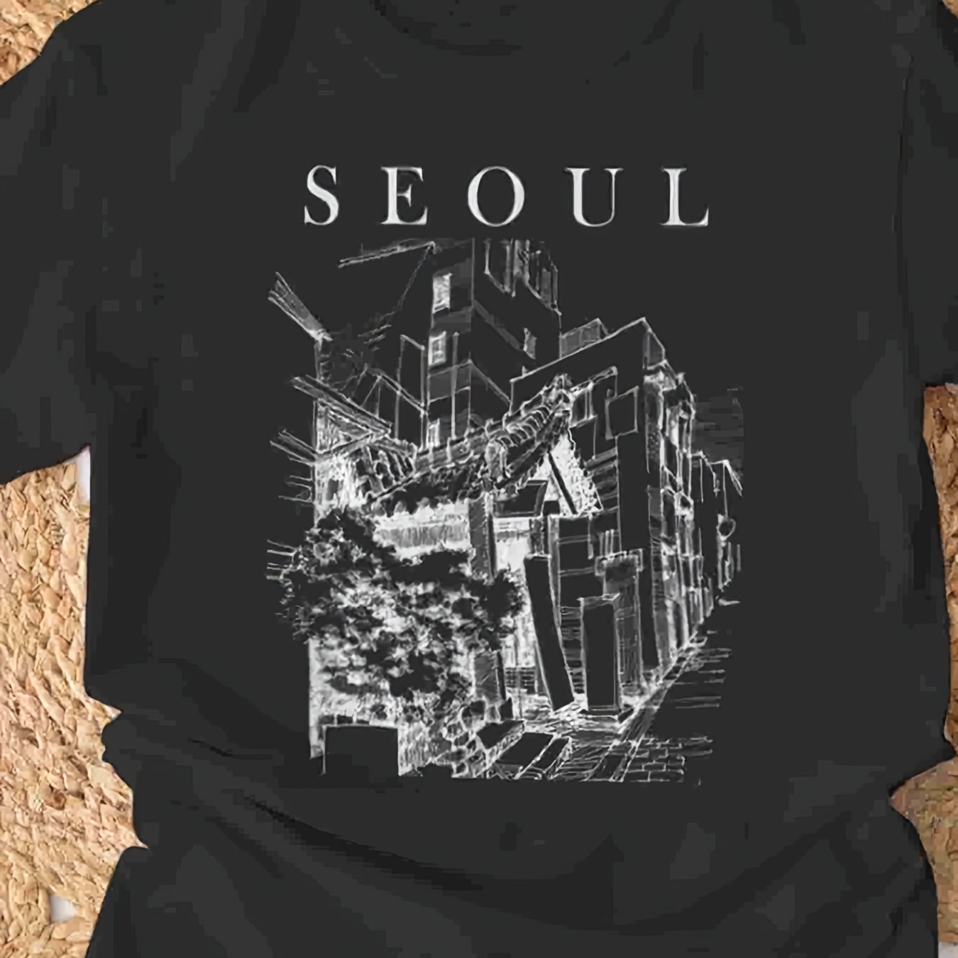 Image of Seoul South Korea T-shirt - Art With Seoul Landmarks & Korean Text, Casual Round Neck Tee Suitable For Travel, Casual Attire, Machine Washable Apparel For Korea Souvenirs And Gifts
