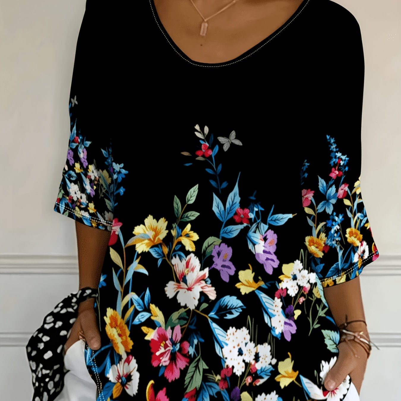 TEMU Plus Size Women's Fashion Top, Vibrant Floral And Print, Casual Everyday Wear, Stylish Comfortable Design, Perfect For Fashion- Ladies