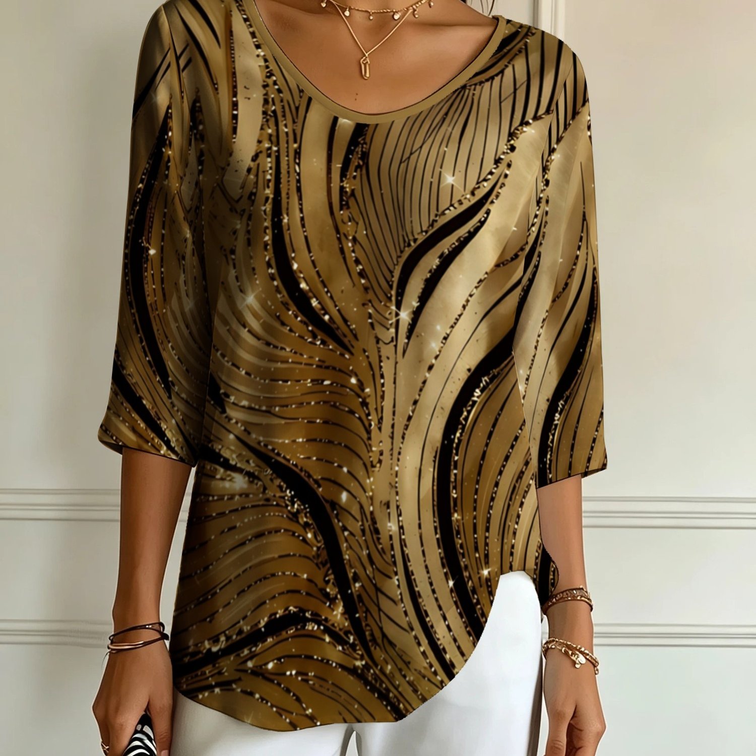 TEMU Women's T-shirt With Abstract Ornate Pattern, Golden-brown And , Sparkling Elements, Luxurious , Suitable For Daily Wear, Casual Occasions, And