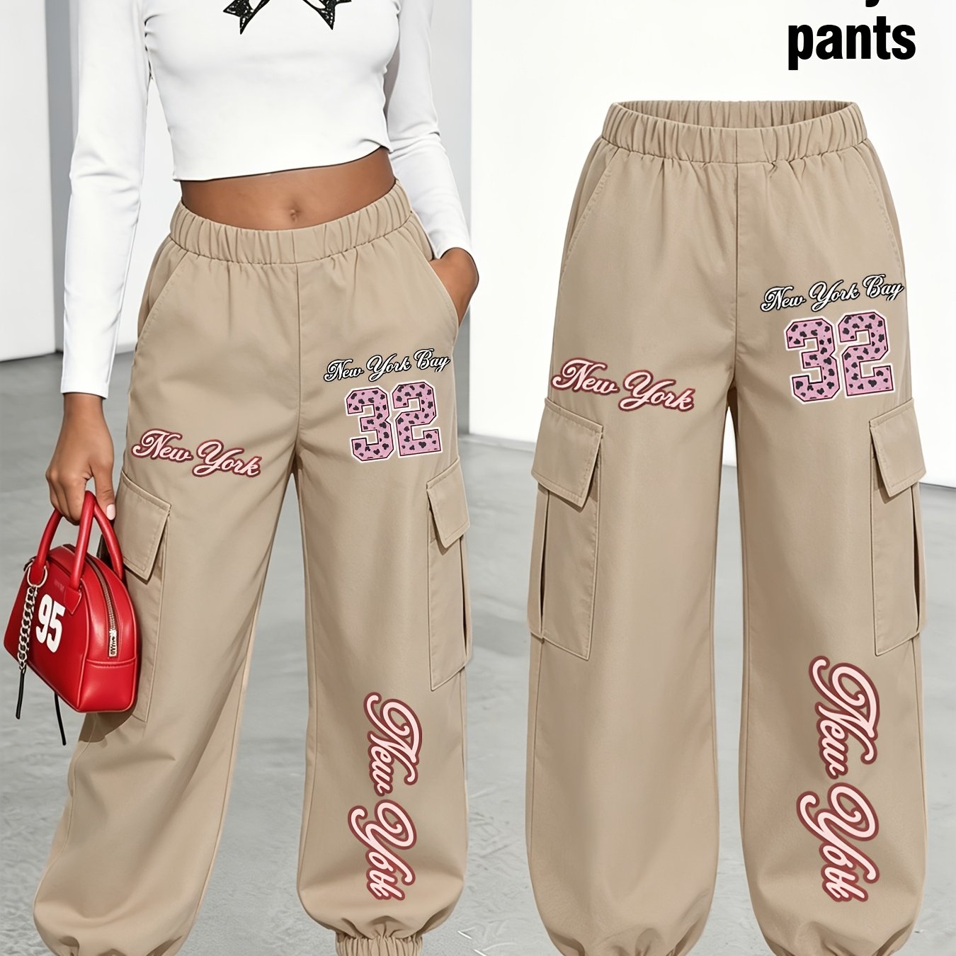 TEMU New Arrival - Women's Long Pants (single Piece), Cute And Fun Pattern Letter Print Cargo Pants, Multi-, Digital Cartoon Pattern, Cargo Style,
