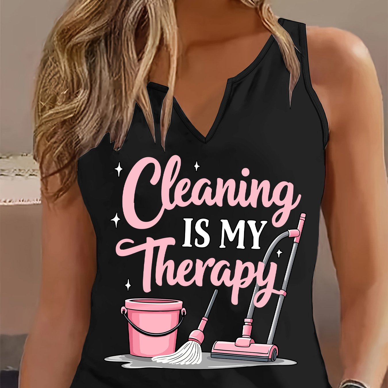 TEMU (052#) Women's Fashion Refreshing Tank Top, Fun Cleaning Theme Sleeveless Vest, Comfortable And Breathable V-neck Printed Casual Top