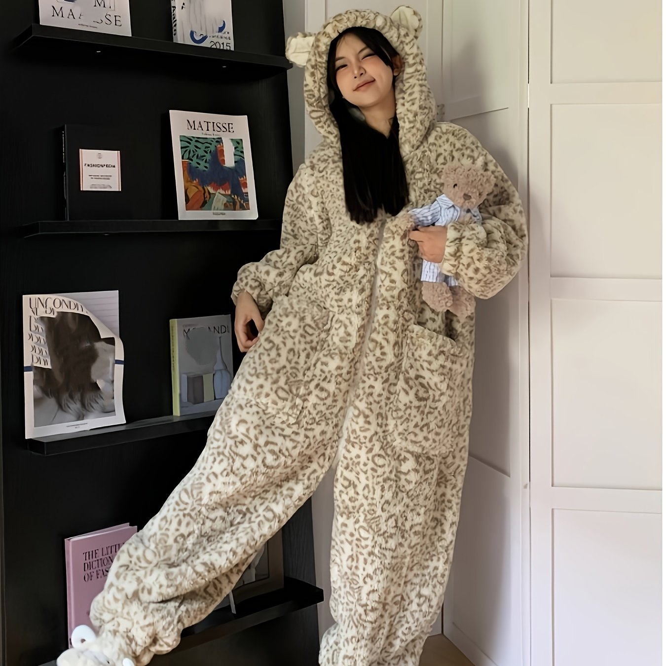 TEMU Coral Fleece Cartoon Leopard Print Onesie Pajamas Women's Winter Plus Velvet Thickened Cute Hooded One-piece Ladies' Homewear