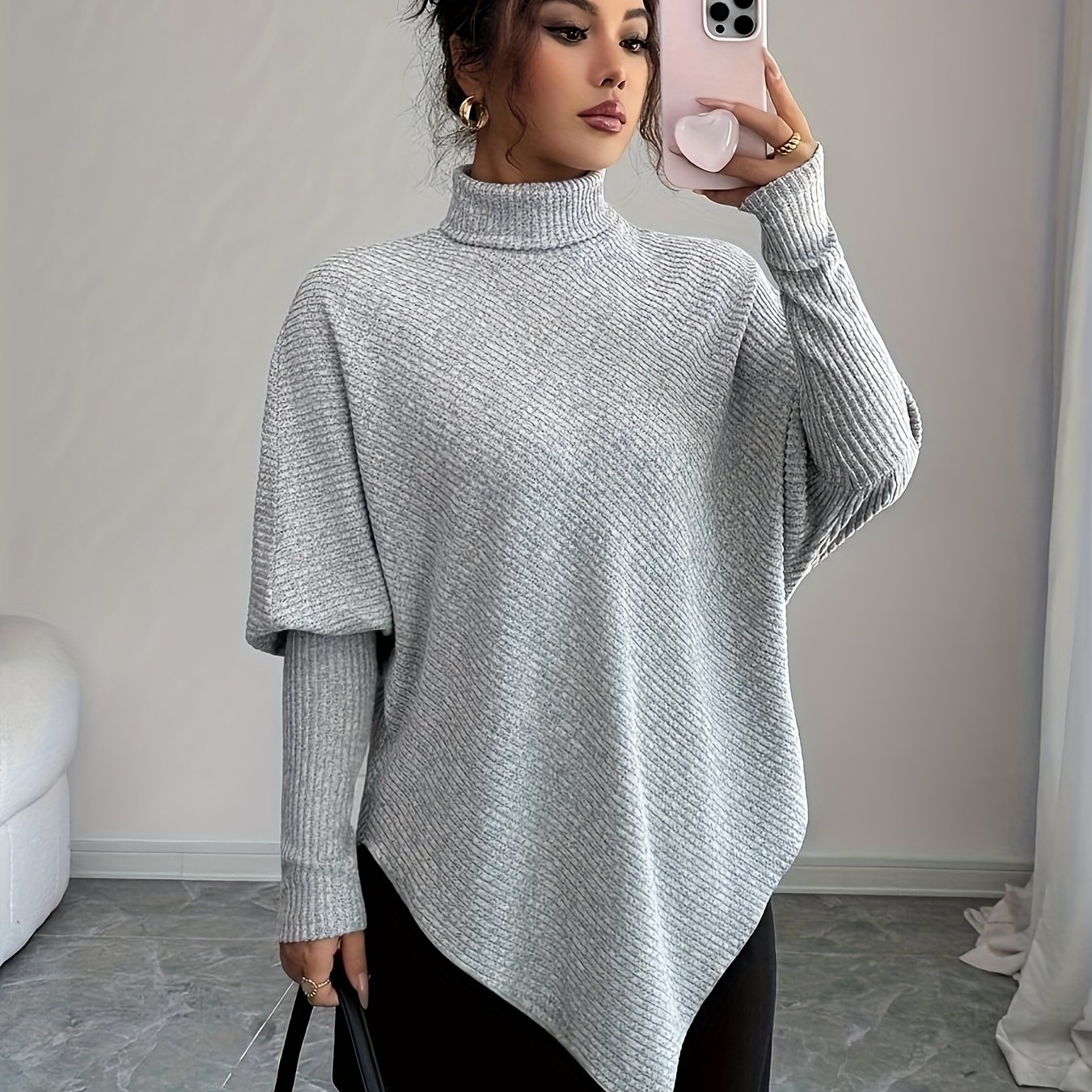 TEMU Haut Gris Col Montant Automne-Hiver, Design Irrégulier pour un Look Chic Décontracté
