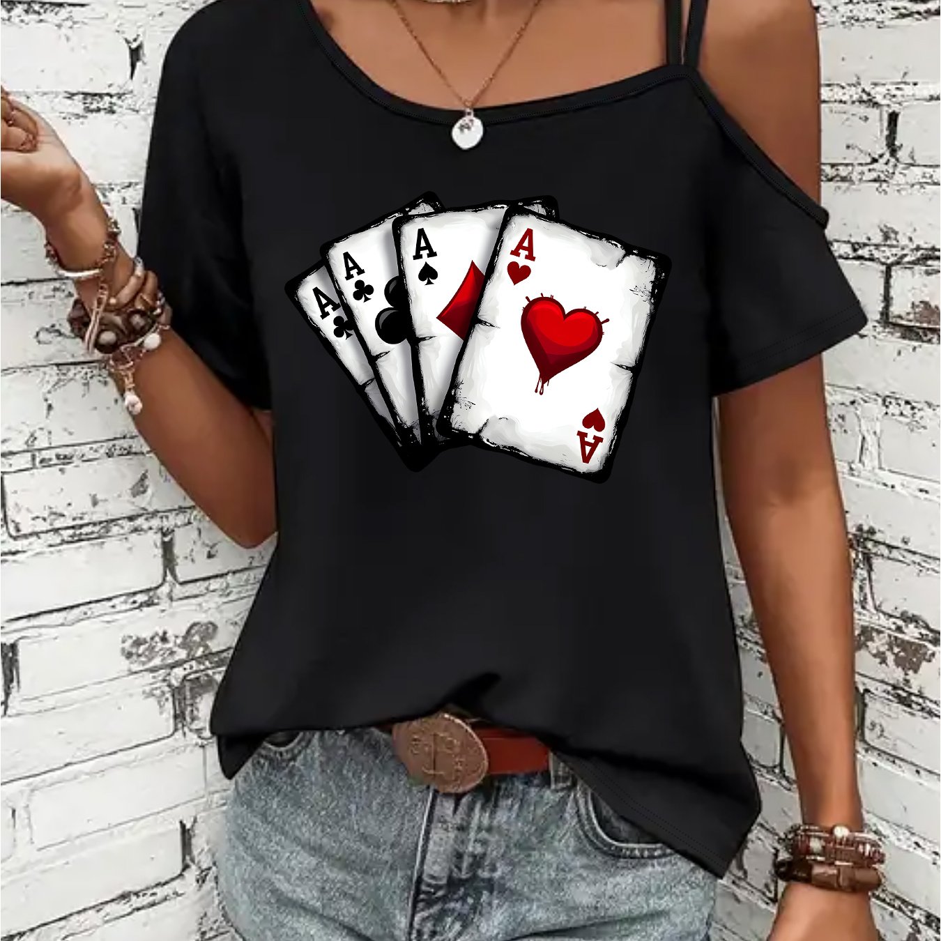TEMU (035#) Women's Fashion Off-shoulder Strappy Short Sleeve T-shirt, Off-shoulder Design Poker Print T-shirt, Casual Versatile Short Sleeve Top