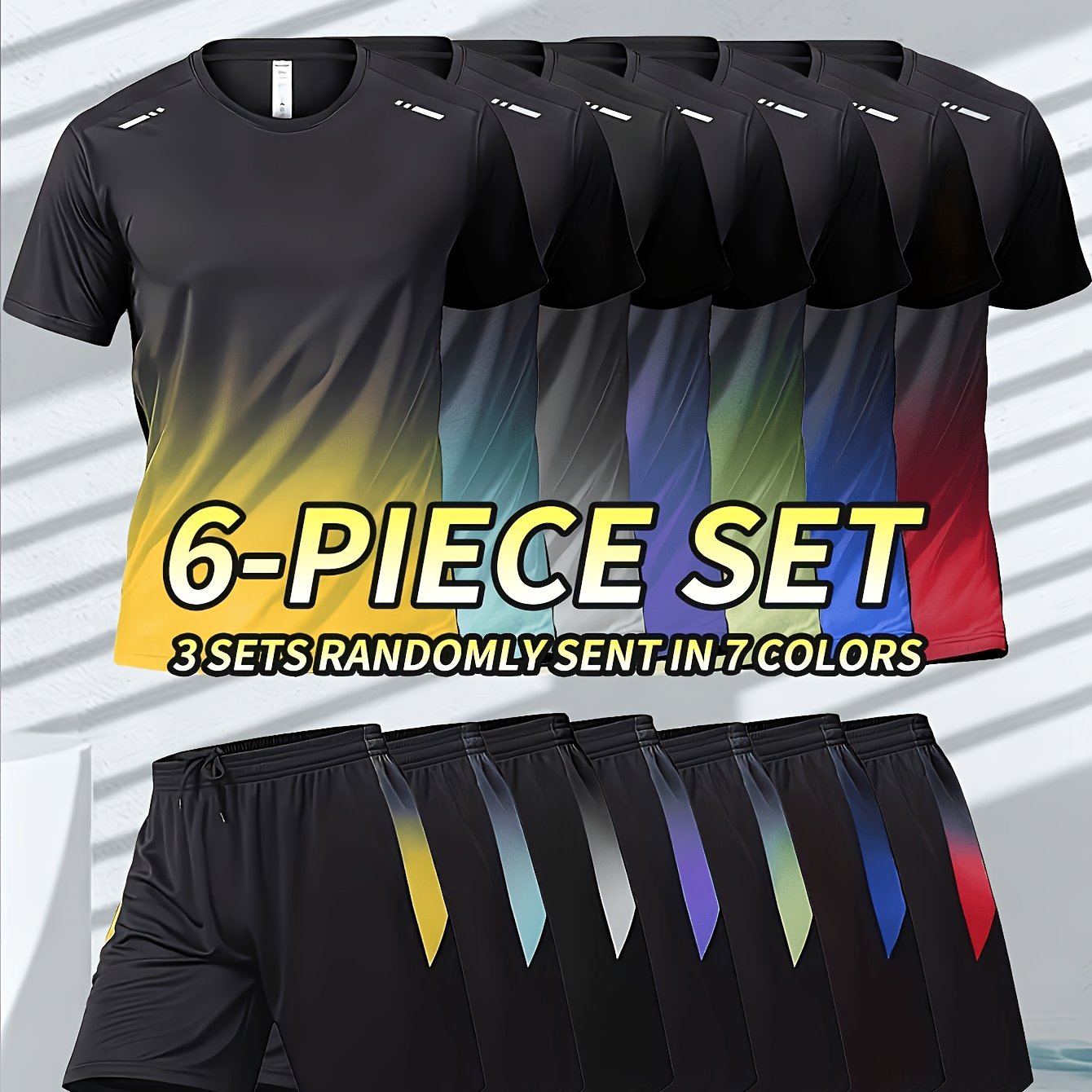 TEMU Of 3 Sets: Men's 6pcs Sportswear Collection Featuring Quick-dry, Gradient-color Short-sleeve T-shirts And Shorts Breathable Athletic Wear