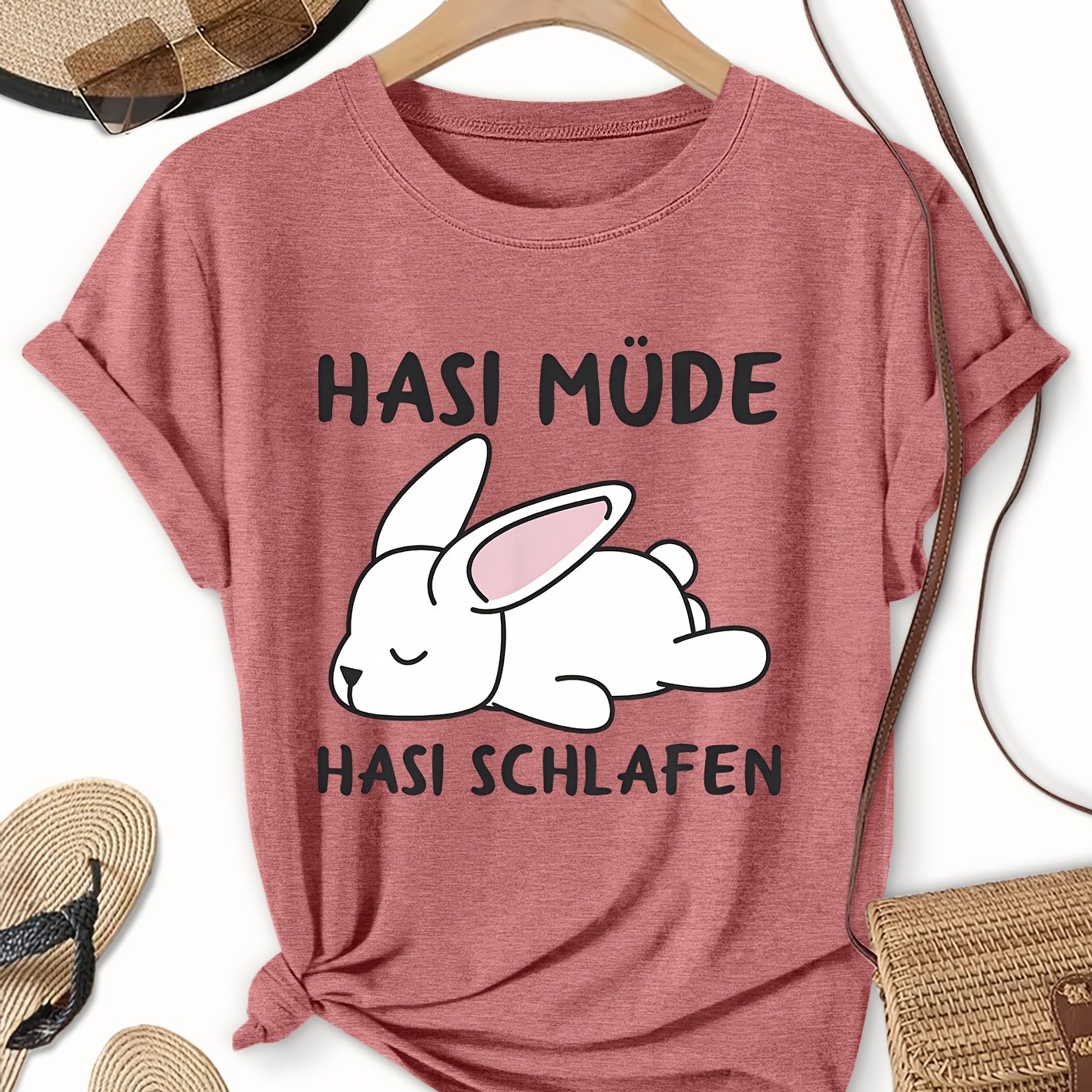 E-shop Damen niedliches schlafendes Häschen "HASI MÜDE" Kurzarm-T-Shirt – Weiche Stretch-Bluse mit Rundhalsausschnitt, Freizeitkleidung für Frühling,