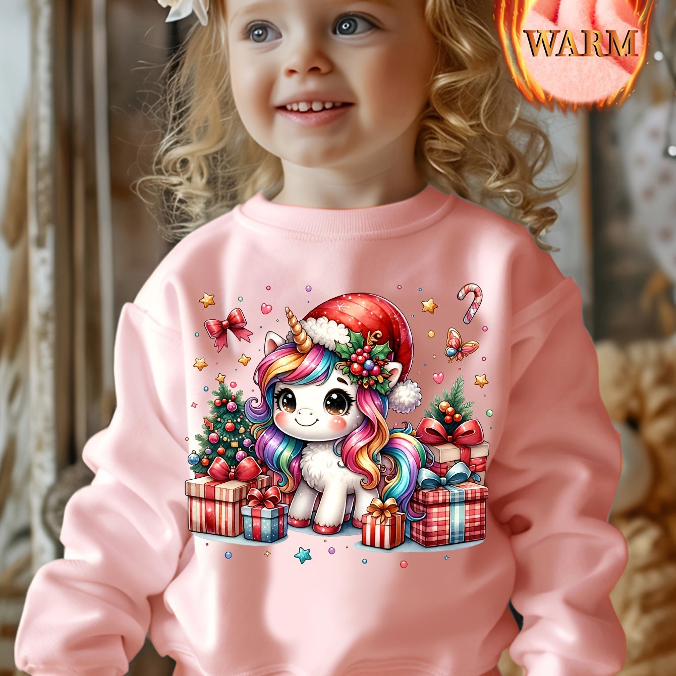 Girls' Autumn/ -lined Sweatshirt With Adorable Unicorn Print, Christmas-themed Design, Long-sleeve Pullover