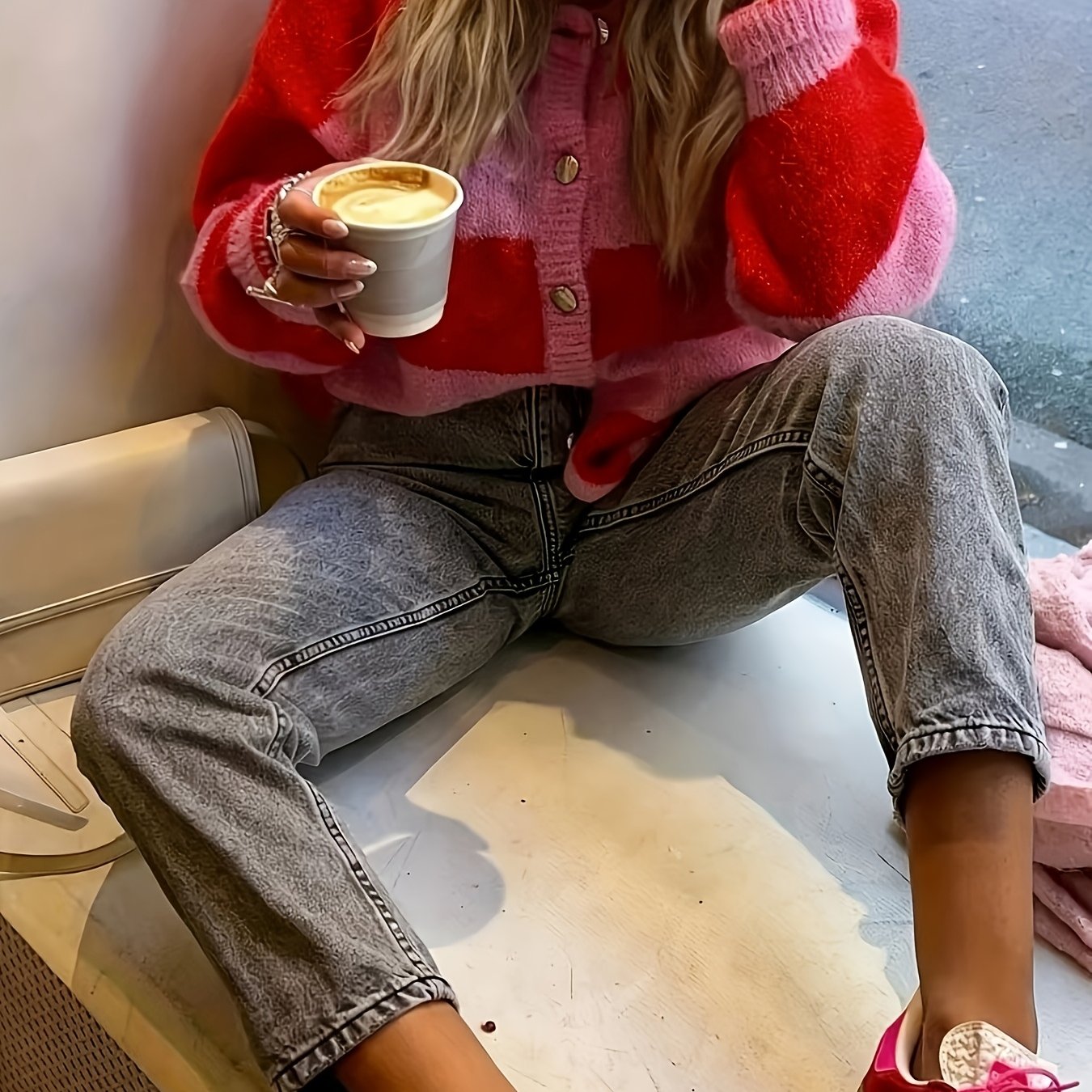 Image of Christmas Women's Red Pink And White Open Front Cardigan Jacket With Elegant Round Neck And Long Sleeves