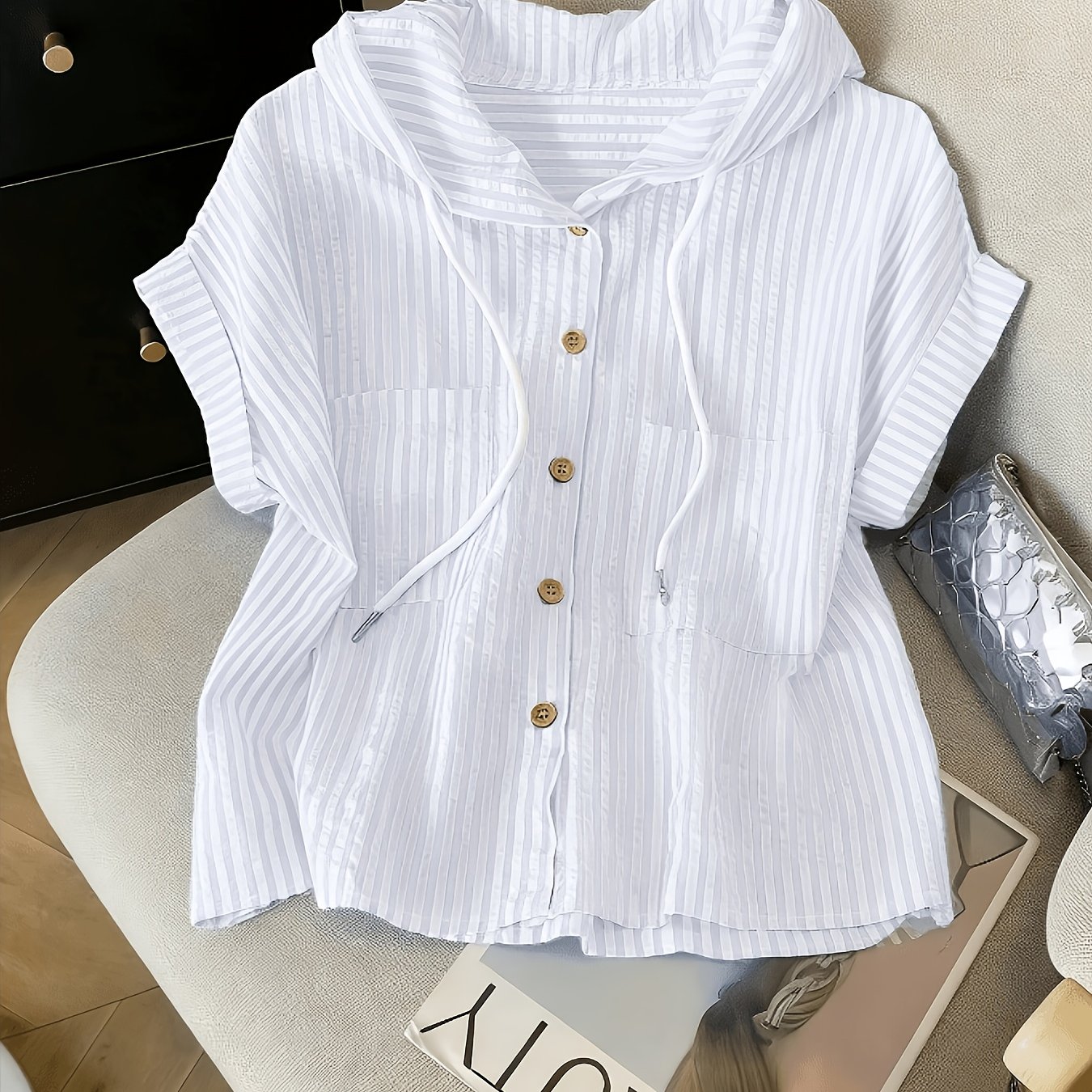 TEMU Women's Summer Casual Versatile Striped Hooded Cardigan With Pockets, Short Sleeves