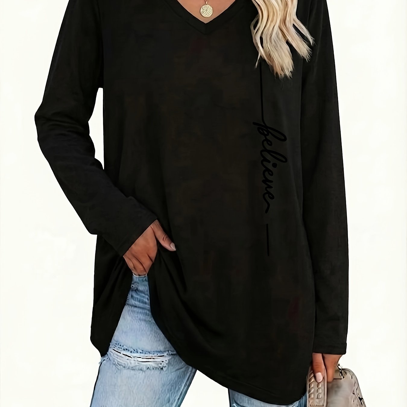 TEMU Plus Size, Plus Size Women's Elegant V-neck Long Sleeve T-shirt - Solid Color -compatible Basic Top, Medium Stretch Suitable For - Layering,