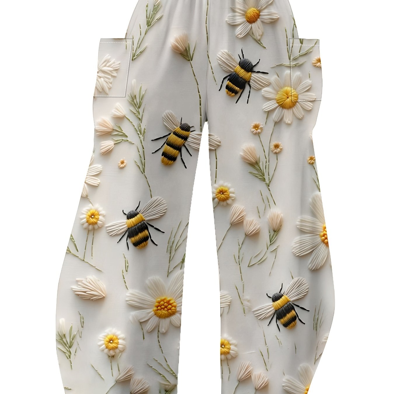 E-shop Damen Regular Size Frische Biene und Gänseblümchen Drapierter Wide-Leg Hosen, Sommer Atmungsaktive Lazy Style Pendler Freizeit Hosen