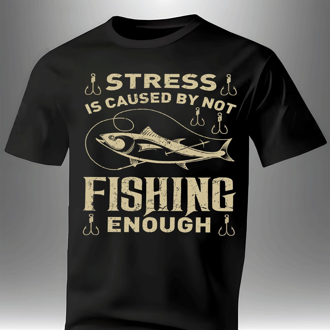 TEMU Men's Vintage Fishing T-shirt Funny "stress Caused By Not Fishing Enough" Slogan Print Short Sleeve Crew Neck Casual Summer Top Suitable For