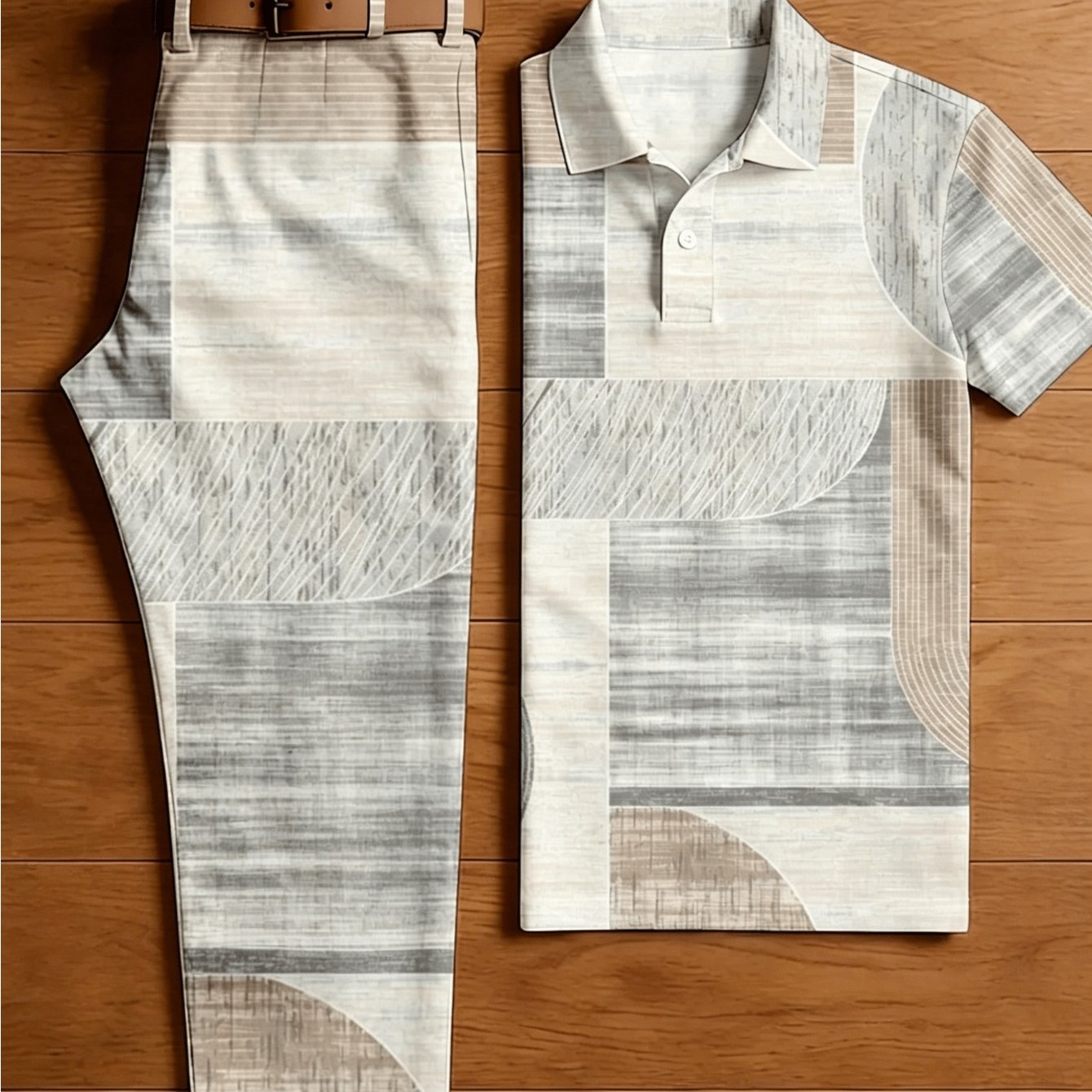 Men's 2pcs Matching Outfit Set, Abstract Geometric Block Watercolor Texture Print Short Sleeve And Same Pattern Straight Leg Chino Pants, Summer Beach Casual Daily Co-ord Suit