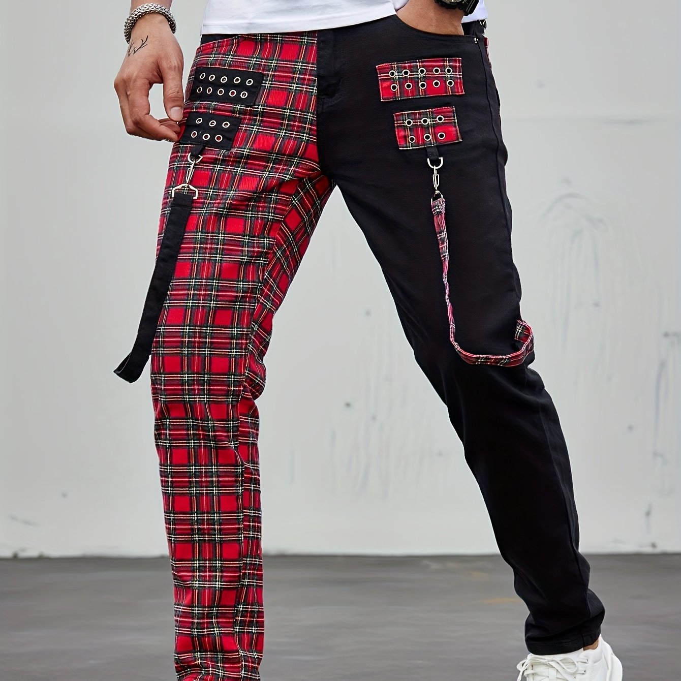 Image of Men' Fashion Trendy Red And Black Jeans With Rivets, Streamers - Unique Long Pants, Autumn Menswear