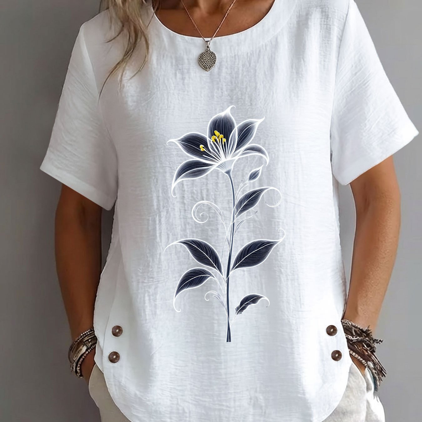 TEMU Women's Spring Summer Short Sleeve Round Neck Shirt - Line Drawing Lily & Branch Print Suitable For Casual Office Wear, Machine Washable Opaque