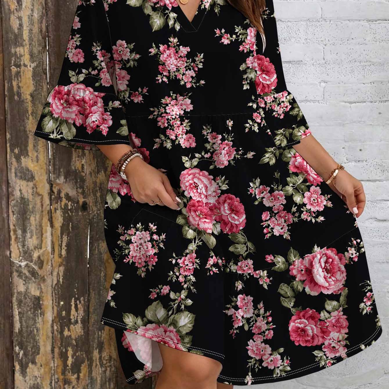 Image of Plus Size, Plus Size Rose Floral Print Dress For Women. Notch Collar. Bell Sleeves. Layered Skirt. Loose Fit. Colorful Elegant Vintage Bohemian Style Casual Beach Dress