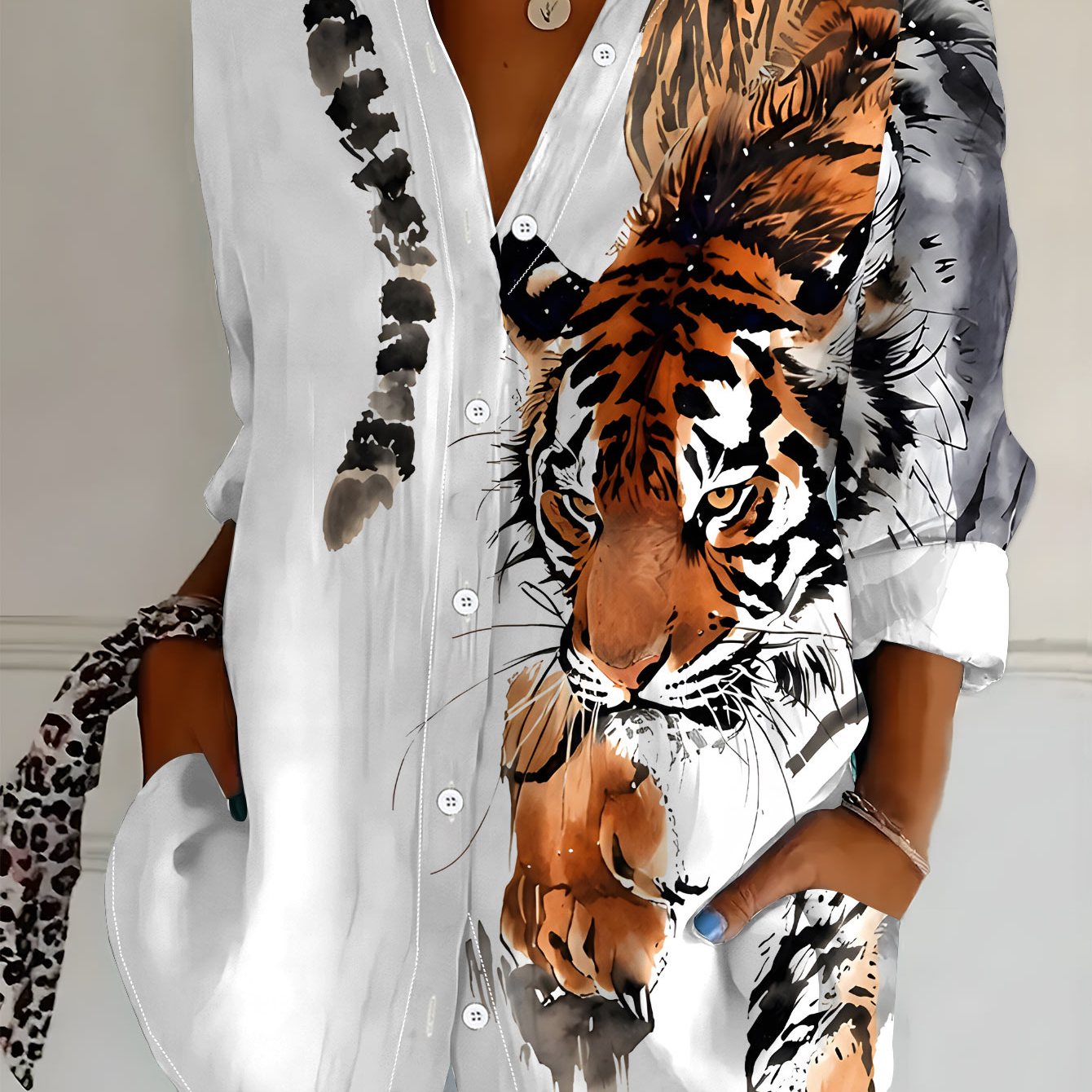 TEMU Plus Size, Plus Size Women's Long Sleeve Shirt, Style Tiger Loose Print Shirt, King Element Midi-length Women's Long Sleeve Lapel Shirt, Simple