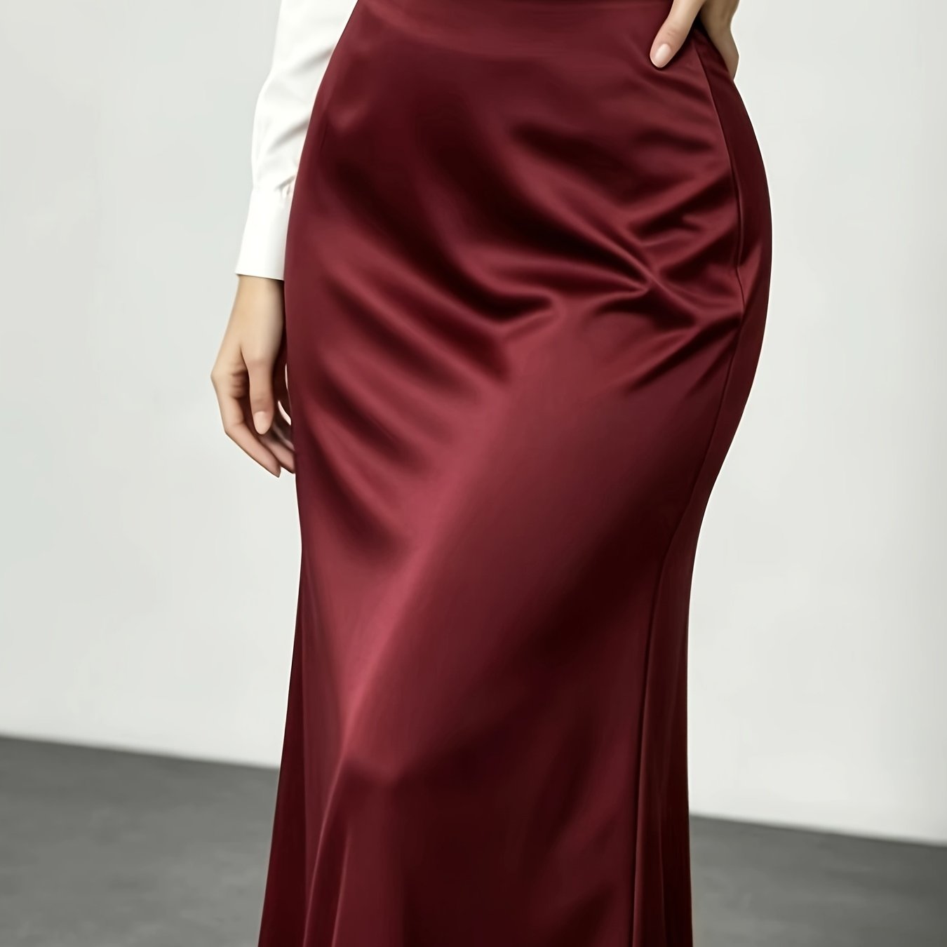 TEMU Wine Red High-waist Midi Fishtail Skirt With A Draped Feel, And Hip-covering, Satin Texture, Versatile For Commuting
