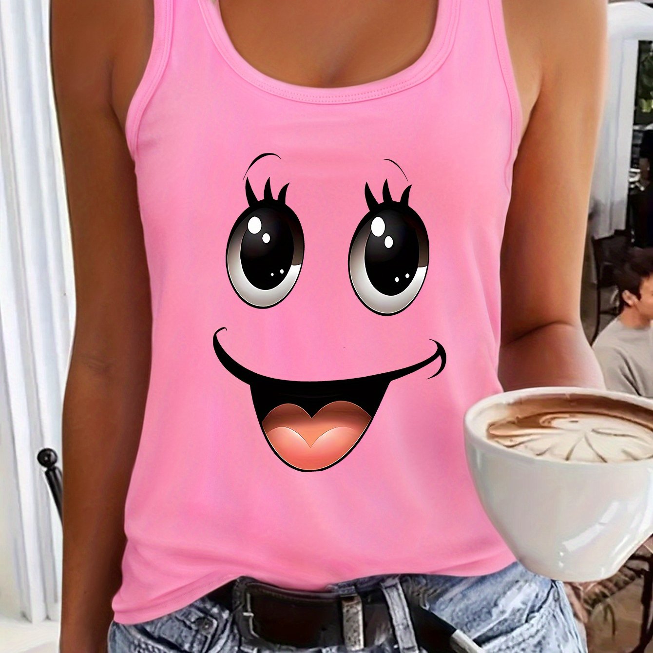 Women's Cartoon Face Print Sleeveless Racer Vest - Vibrant Pink Round Neck Casual Top, Medium -washable 3-season Spring Summer Fall Fashion, Soft Comfortable Fabric