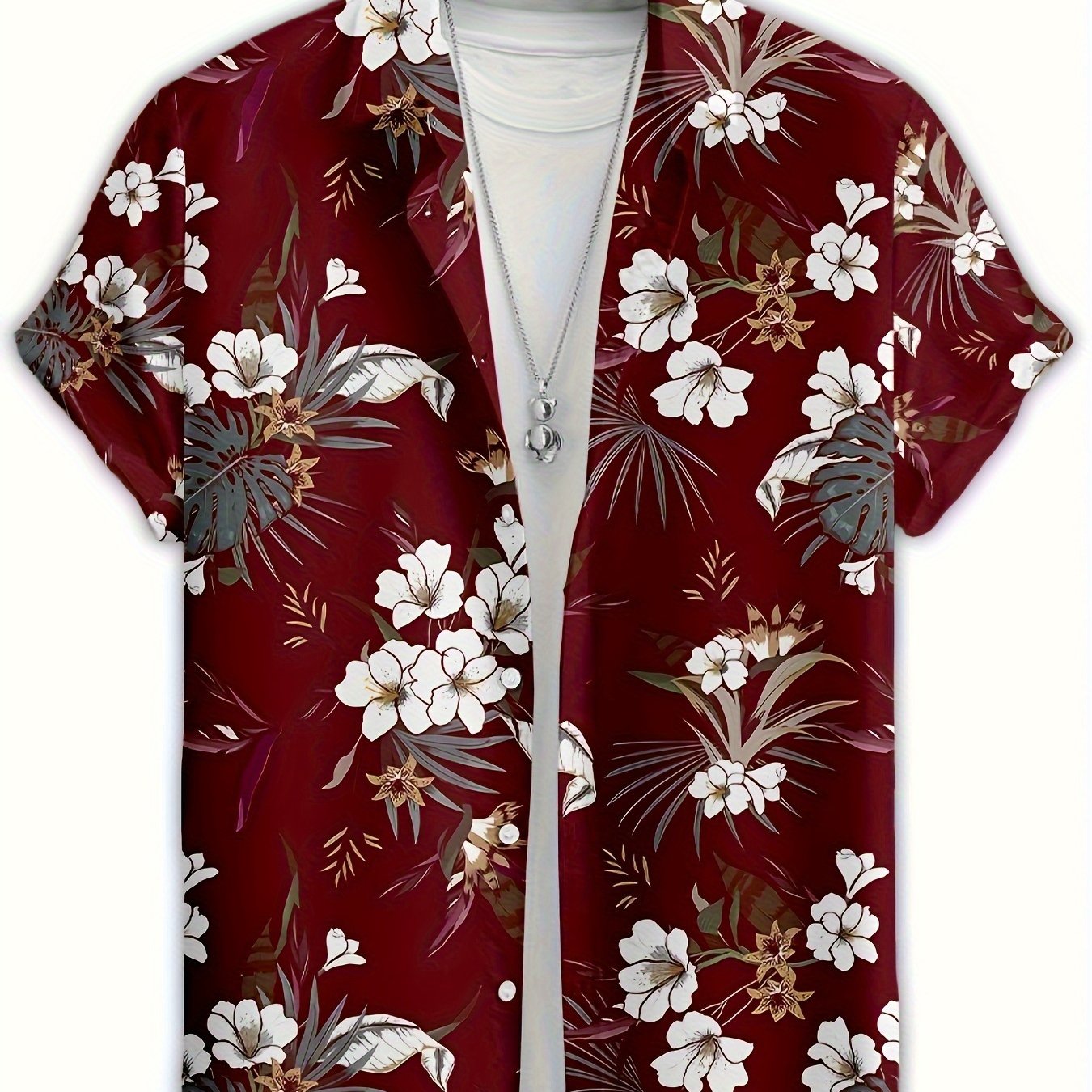 TEMU Men's Short Sleeve Shirt, Print Base In Burgundy, Featuring White Flowers, Palm Leaves And Other Plant Patterns, Style Tropical And , Suitable