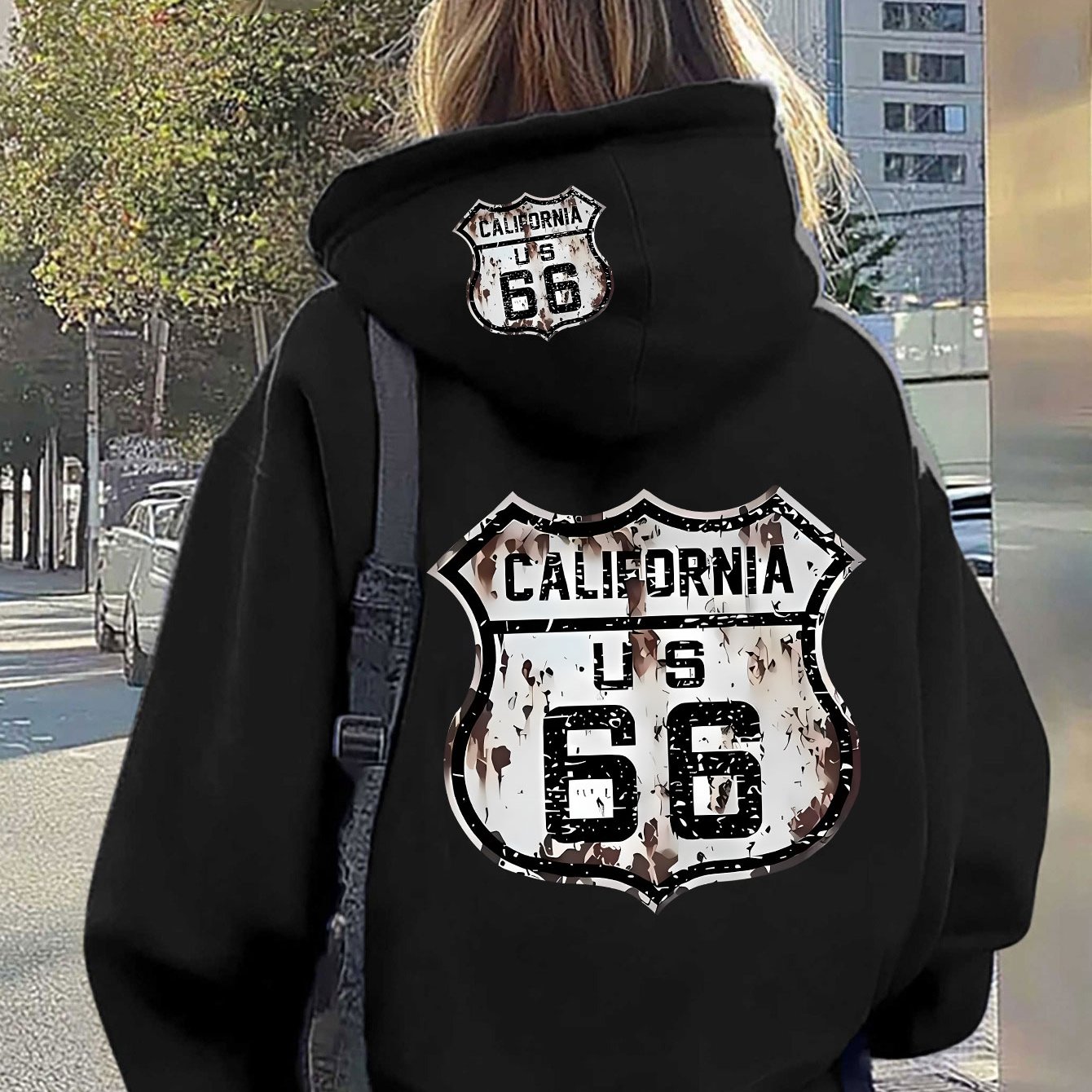TEMU Women's Plus Size Oversized Vintage Hoodie - Soft Zippered Pullover Sweatshirt With Distressed 66 Number Print, Cozy Fall/winter Casual Wear,