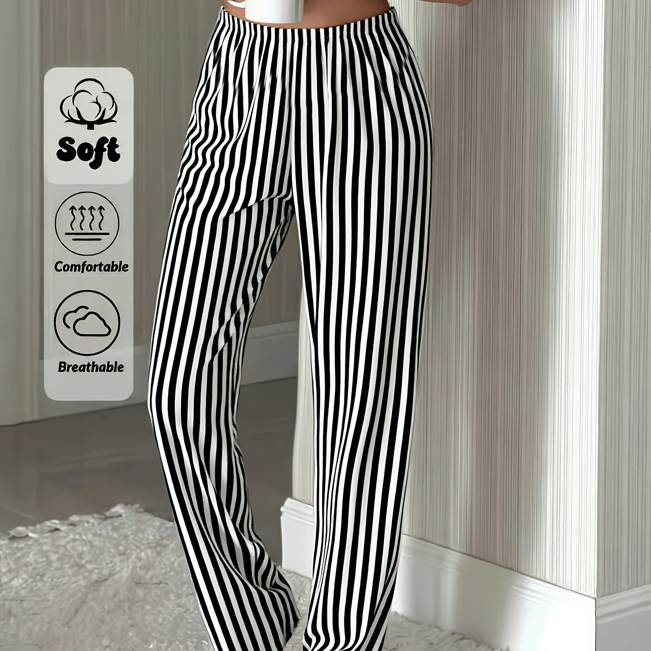 TEMU 26aw Women's Pajama Pants Homewear, 1pc, Casual Sleep Pants, Striped Themed Comfortable Lounge Pants, Comfortable For Home Use, Loose-fit