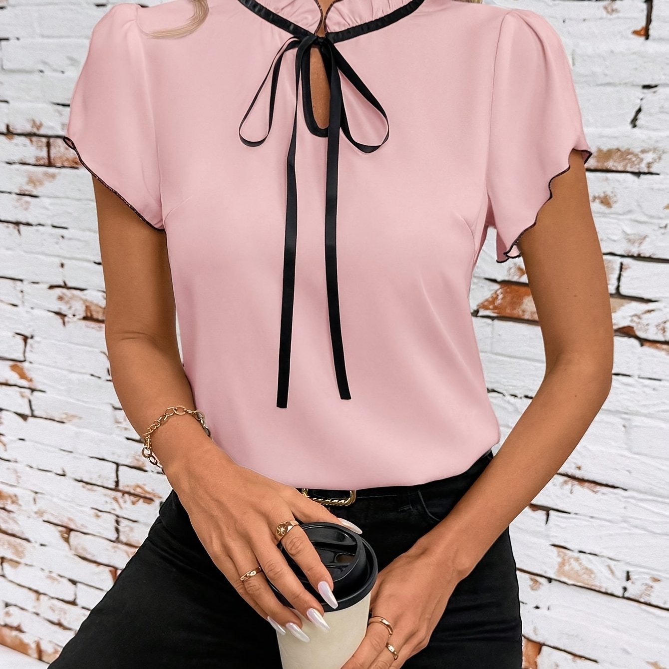 Stylish Contrast Color Short Sleeve Shirt For Women