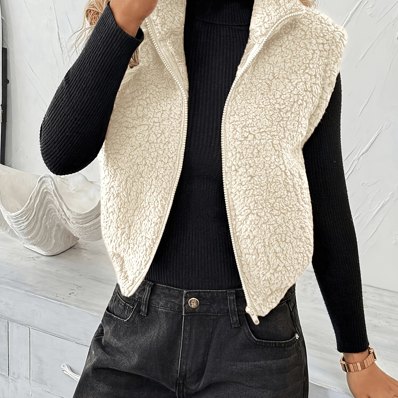 TEMU Gilet en peluche à col et fermeture éclair pour femme, veste gilet manches courte, polyvalente et chaude pour /hiver