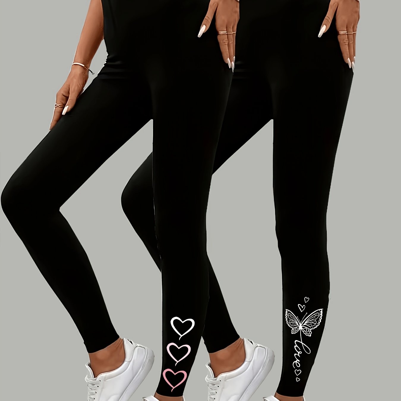 TEMU Two-pack Women's High-waisted Stretch Print Leggings - Suitable For Casual And Casual Attire - Elegant Pants Machine Washable - Perfect For