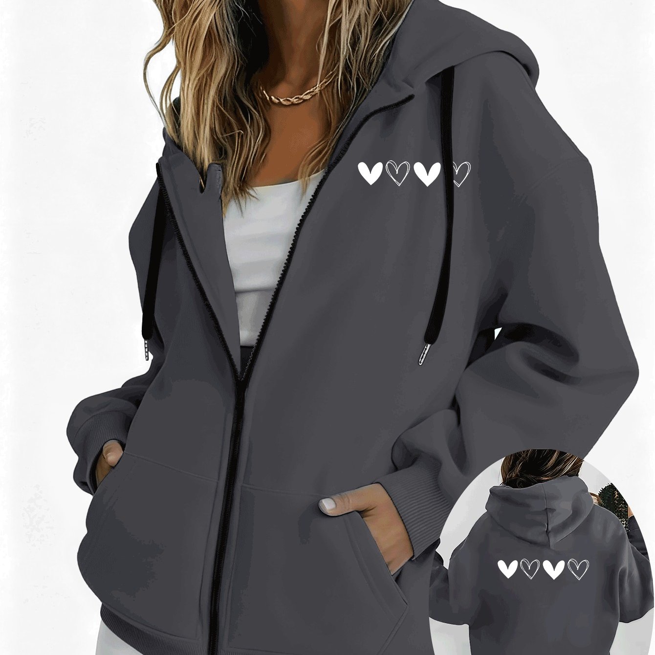 TEMU Autumn Winter Women' Features Cut Large-sized Hooded Warm Pull-up Sweater With Prints. A Stylish And Casual Hooded Sweatshirt With A Drawstring