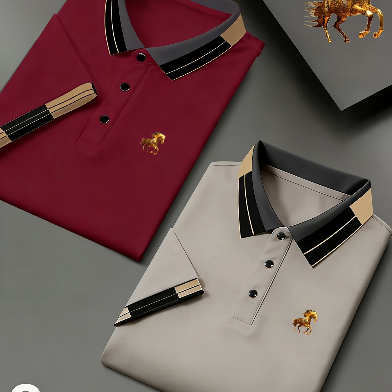 TEMU 2026 Year Of The Horse Men's Stretch Shirt 2pcs Set | Black And Golden Contrasting Collar Design, Stretchy And Breathable, Suitable For In Golf,