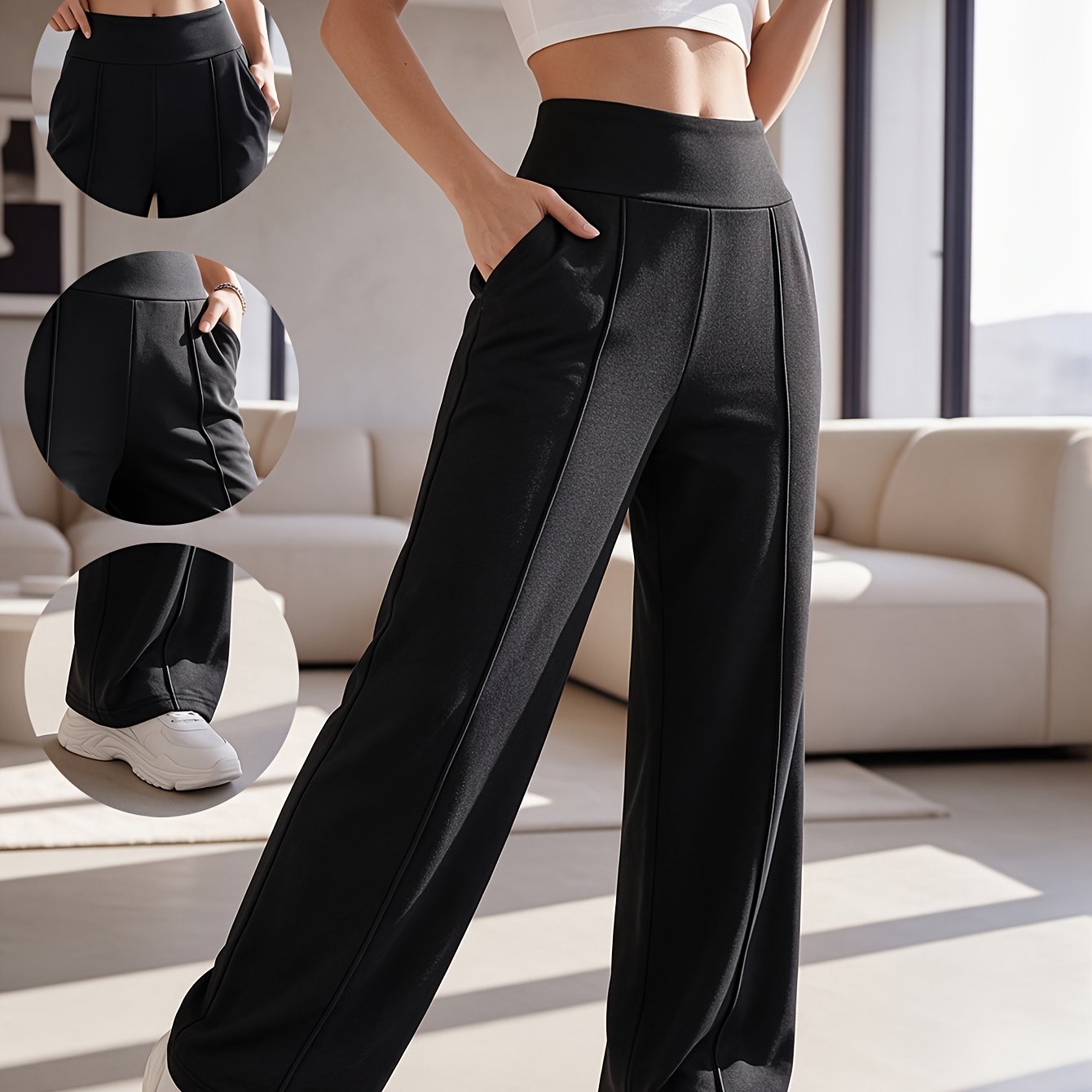 TEMU 1pc Women's High-waist Tummy Control Flowing Straight-leg Pants, Soft -friendly Trousers With Pockets, Commuter Casual Straight-leg Long Pants