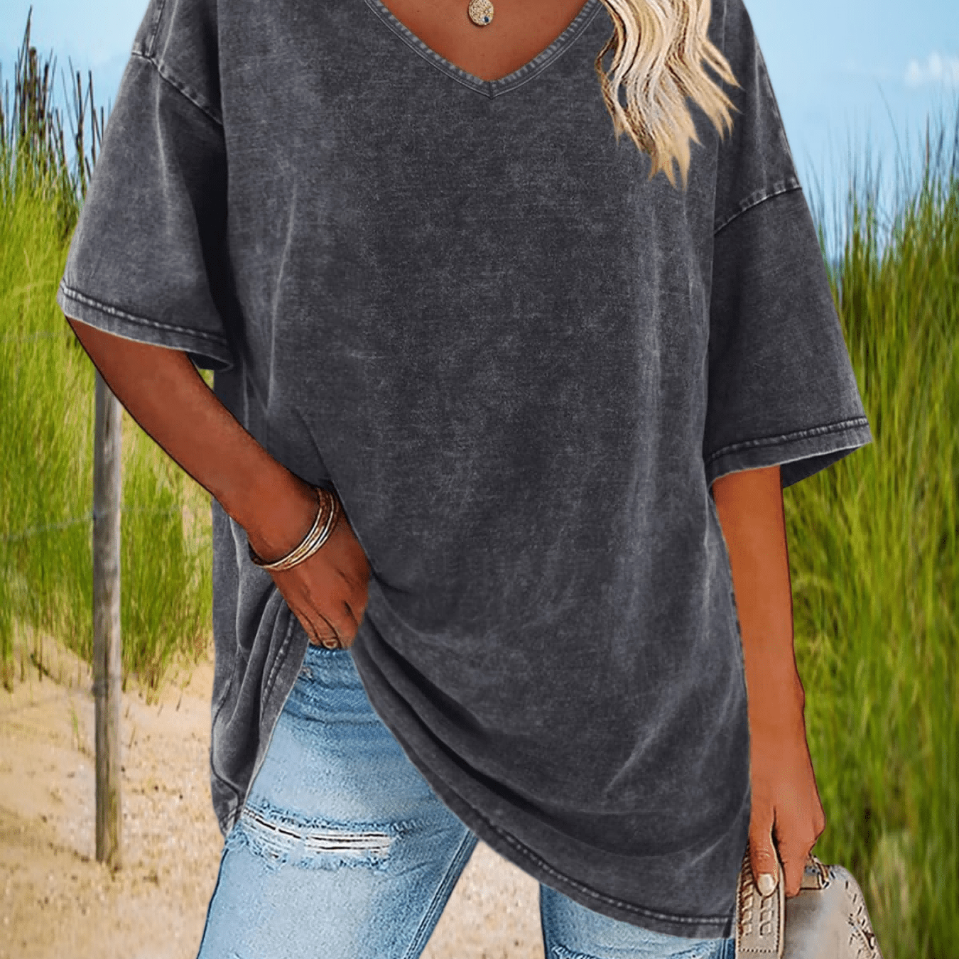 Women' Summer Oversized T Shirts Loose Fit Short Sleeve Basic Tees Casual V Neck Boyfriend Tunic Tops