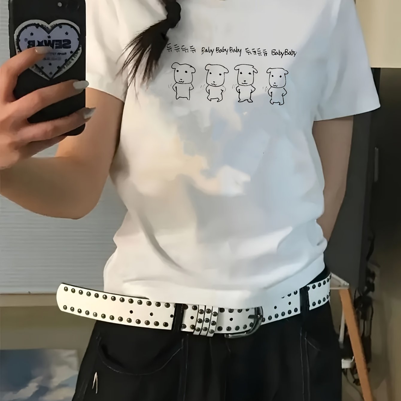 TEMU 레터 만화 프린트 반팔 티셔츠, 캐주얼 스타일 - 여름에 완벽한 패브릭 소재. 여성에게 편안하고 스타일리시함을 더함 - 부드럽고 통기성 좋음