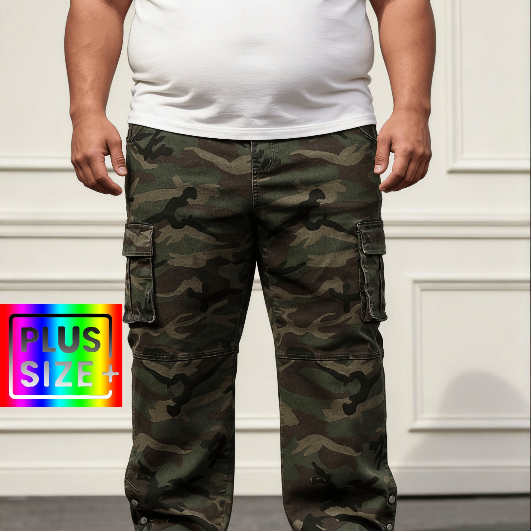 Hme-137 Plus Size Men's Camouflage Denim Cargo Pants Oversized Multi-pocket Stretch Pants Big& Tall Casual Military-style Jeans, Plus Size