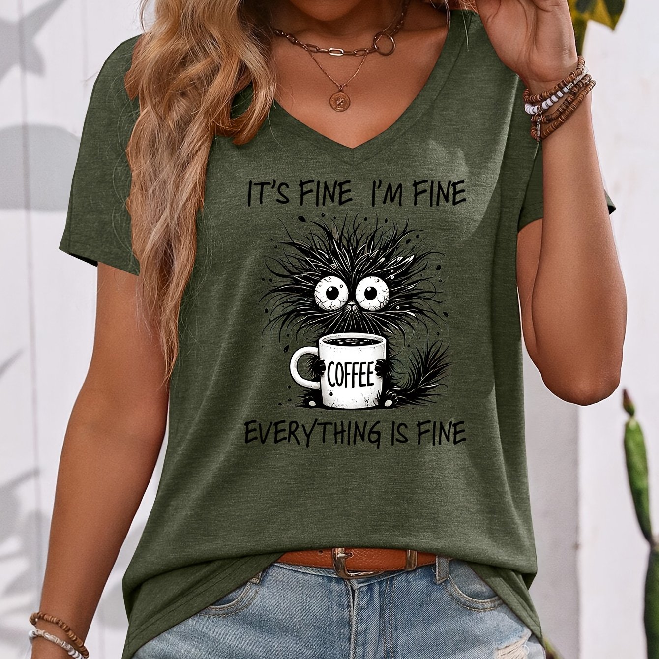 TEMU Cartoon-style Frizzy Cat Image, Holding A Coffee Cup, With The Slogan "it's Fine Everything Is Fine" Pattern Printed On Colored V-neck
