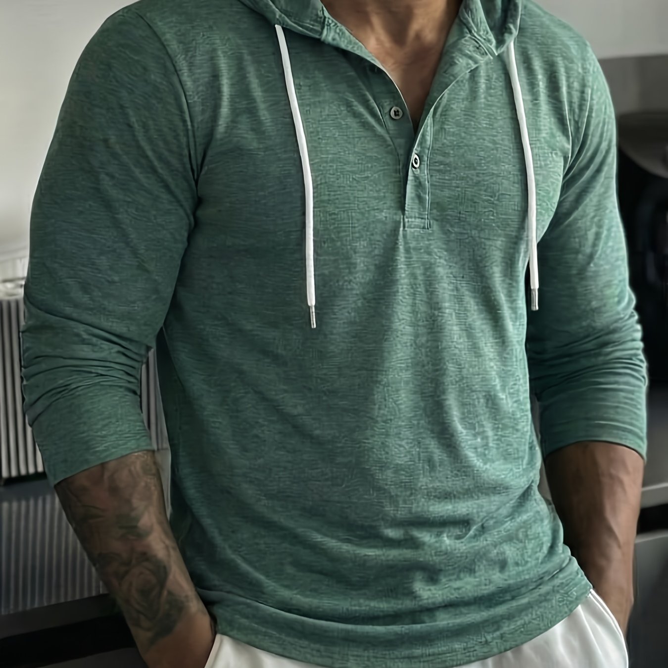 TEMU Men's Vintage Style Casual Plus Size Comfortable Skin-friendly Wear Button-up Hooded Long Sleeve Henley Collar Sweatshirt, Autumn Essentials