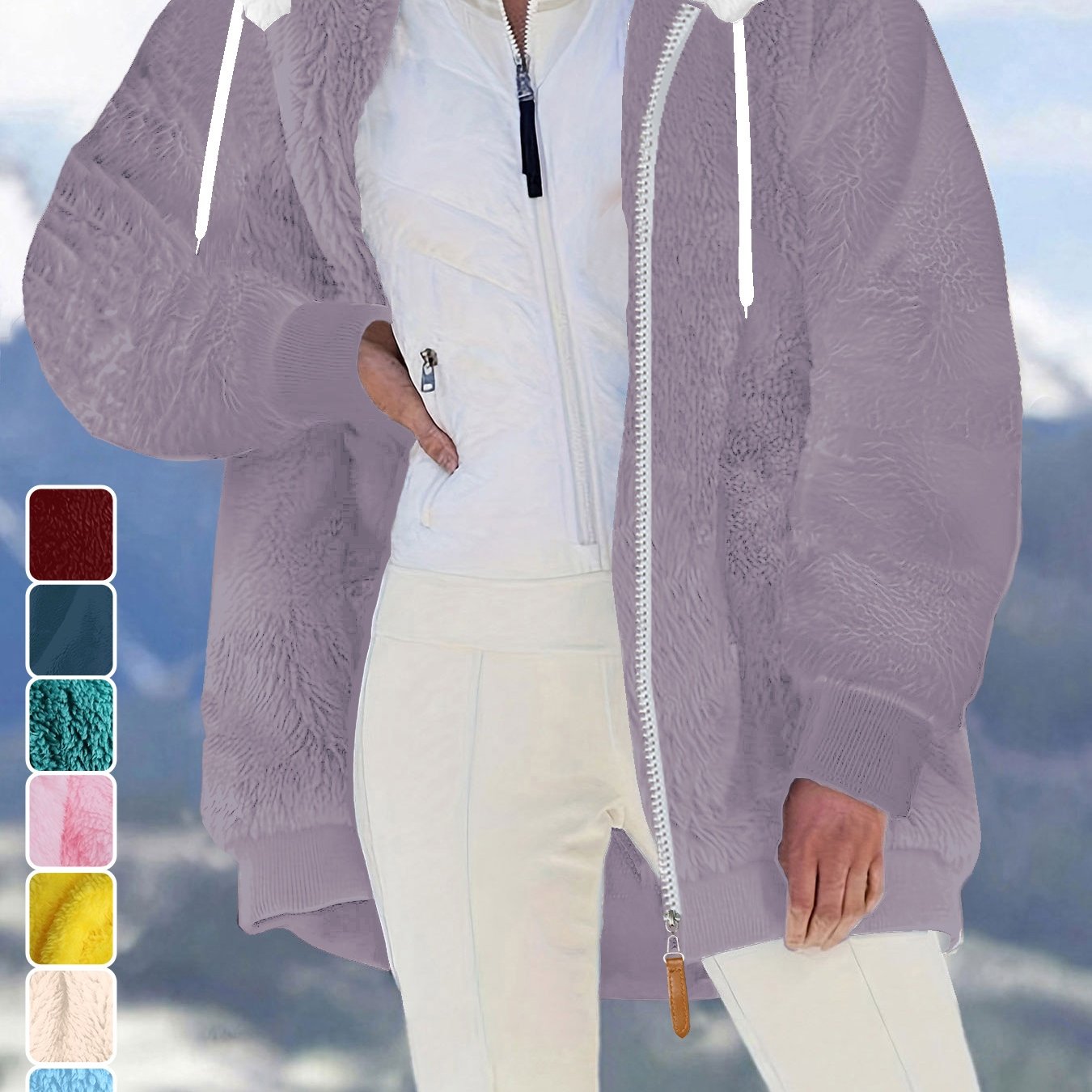 TEMU Plus Size, Women's Winter Plus Size Oversized Fluffy Fleece Hooded Jacket Outerwear, Cozy Thick Loose Fit Zipper Cardigan Hoodie Top For Autumn