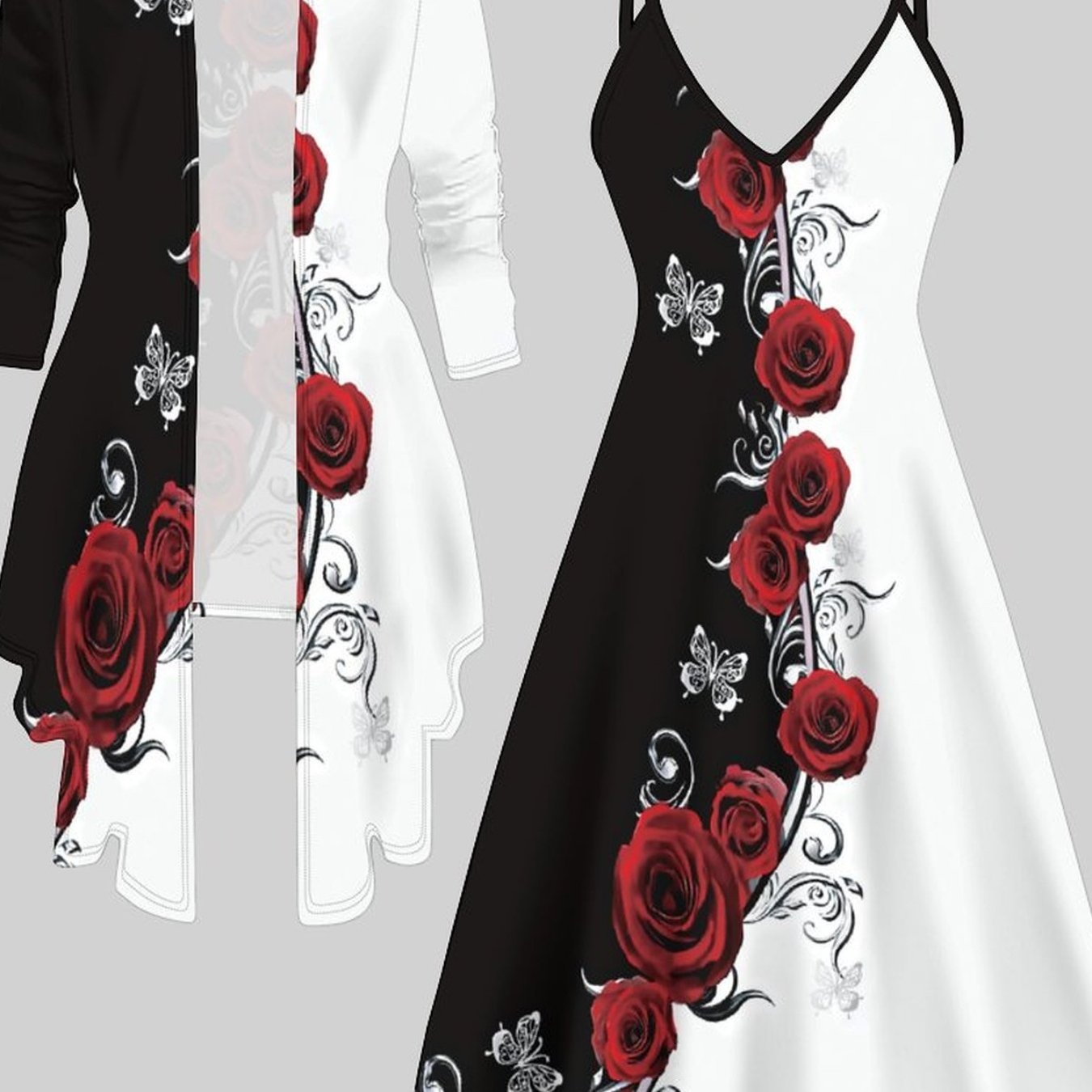 Printing And Dyeing Four-season Long-sleeve Jacket And Camisole Dress Two-piece Set With Totem , Casual And Personalized Style, Fashion Style, Elegant Women's Suit