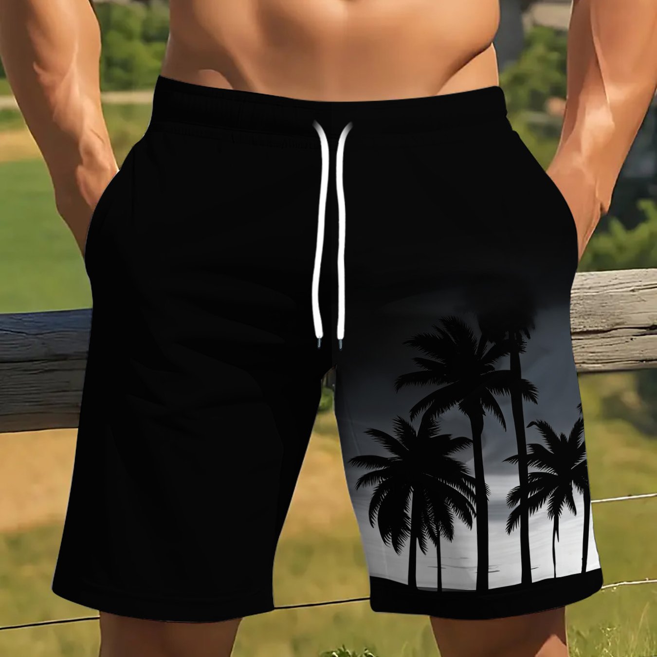 E-shop Sommer-Strand, Pool Resort Essential, Herren-Mode Hawaii-Shorts mit Kordelzug stylischem Palmenmuster