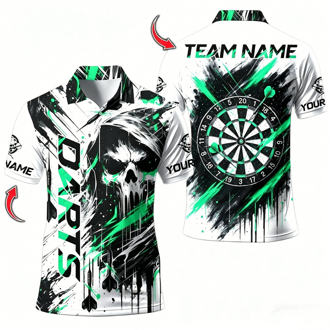 TEMU [printed Design - Not Textured], Men's Customizable Name Darts Team Uniform, Ink Green Skull Dartboard With Customizable Team Name, Team