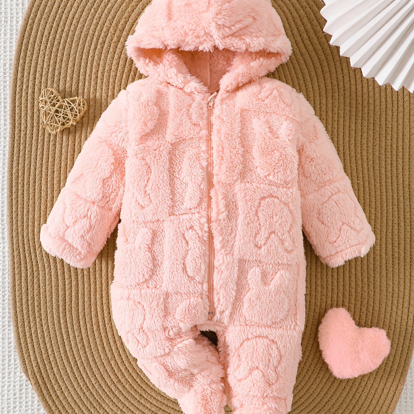 Image of Baby Girls Plush Hooded Romper, Square Rabbit Pattern, Beautiful Comfortable Warm Outfit, Home/outdoor Wear, For Outdoor, Graphic Print, Sporty Style, , Autumn & Winter