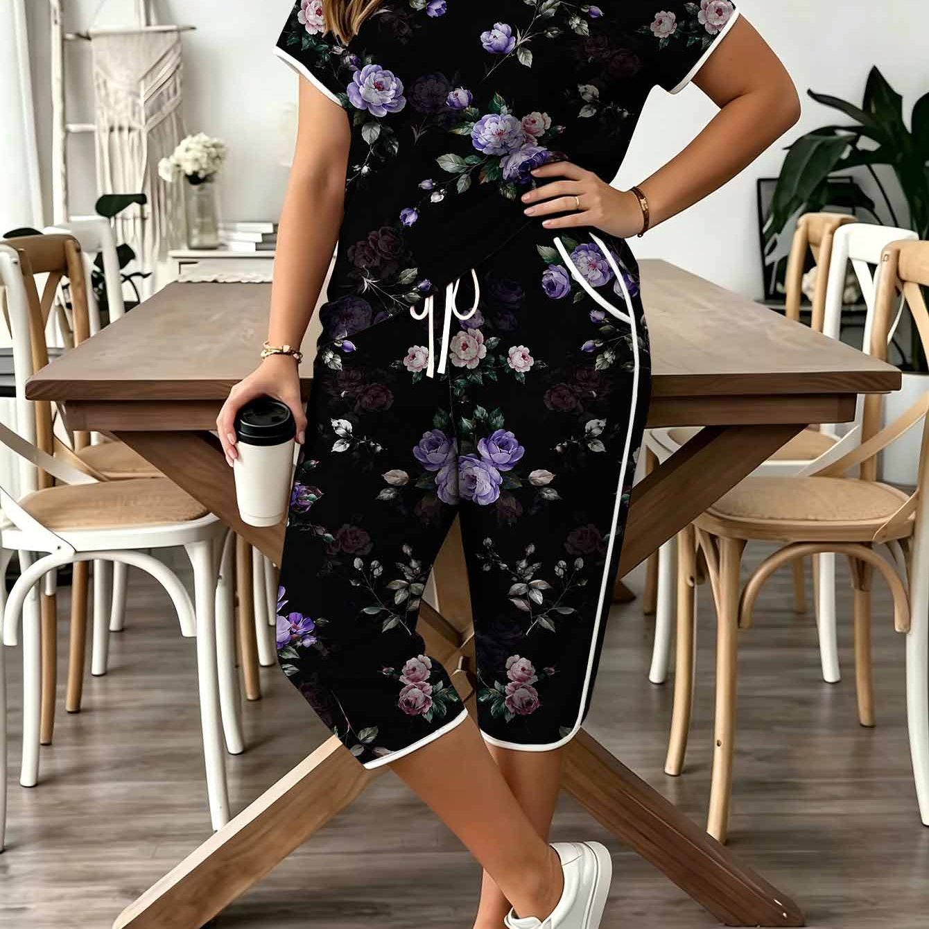 Image of Plus Size Women's Rose Floral Print Striped Colorblocked Two-piece Set. Round Neck Short Sleeve Top And Drawstring Belt Side Pocket Capri Pants. Vintage Elegant Casual Colorblocked Loungewear Set