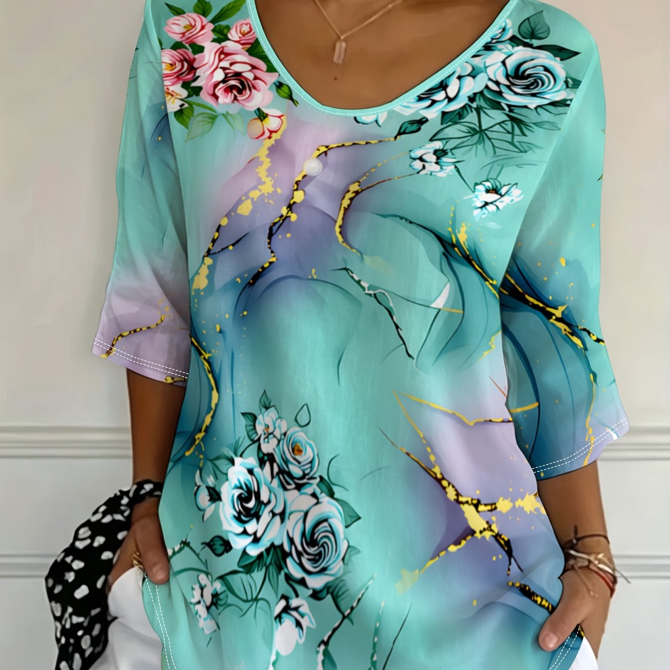 TEMU Plus Size, Women's Fashion Top, In Multiple Sizes, Featuring A Vibrant Mixed-color Artistic Floral & Marble Pattern, With An Elegant, Luxurious,