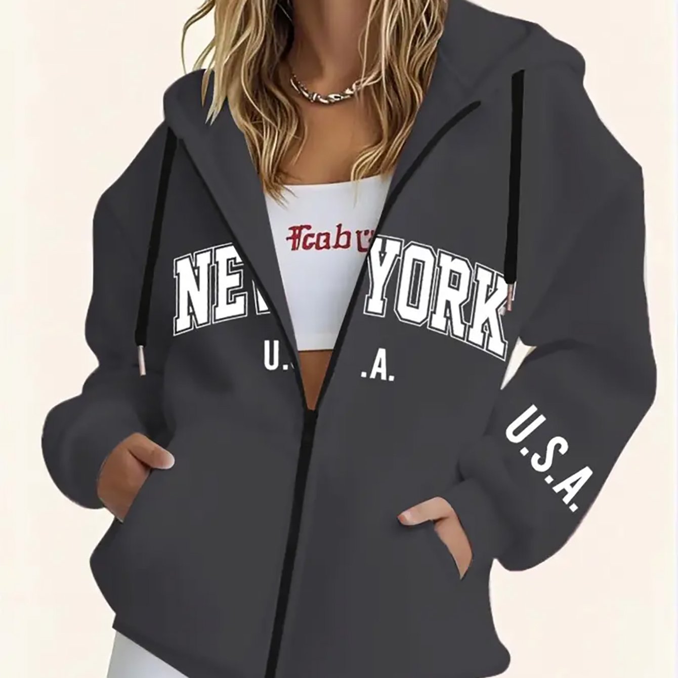 TEMU Style Women's Sweatshirt With Letter Print, Casual Zip-up Hoodie In Loose Fit, Suitable For Autumn & Winter Wear