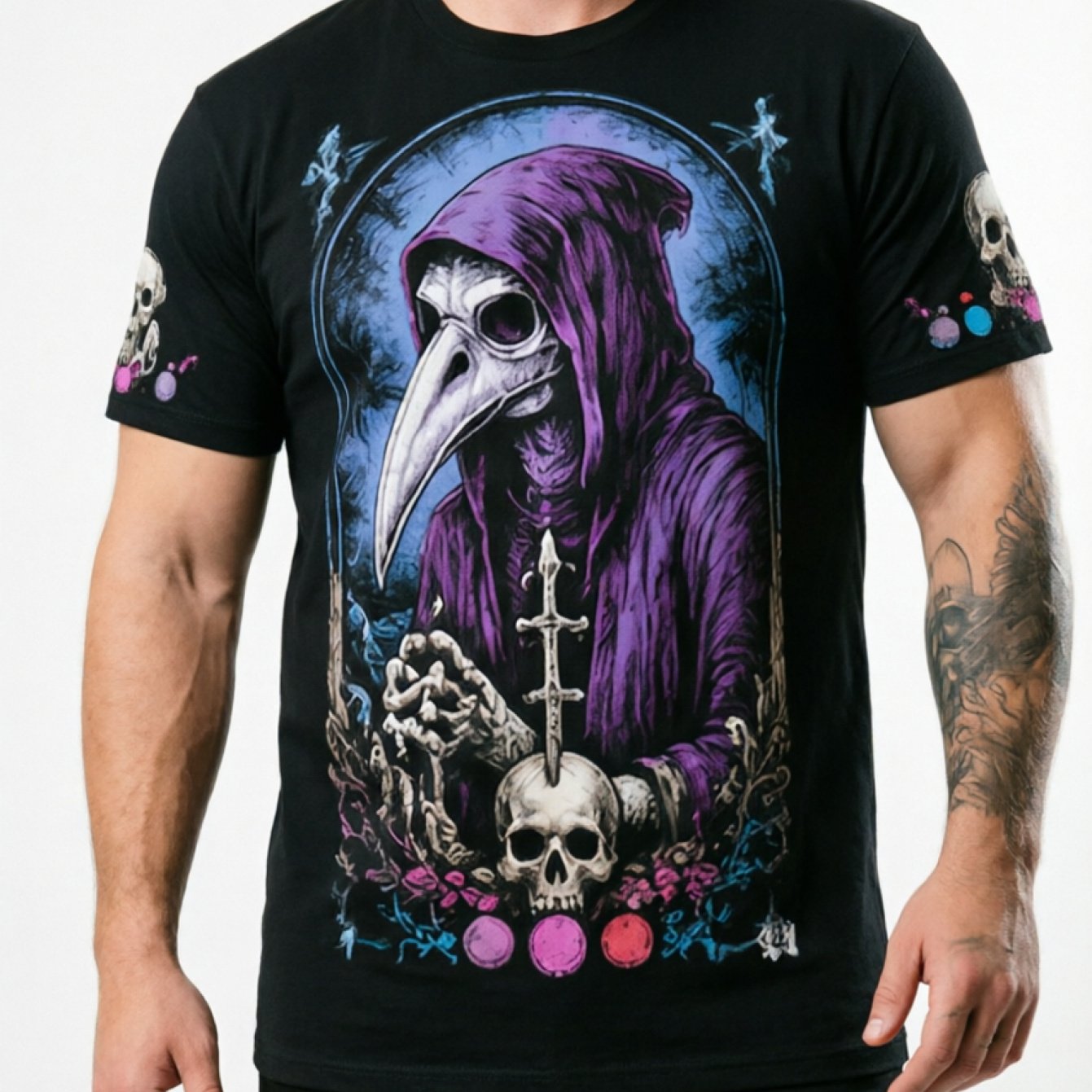TEMU - Vintage Plague Doctor Skull Graphic T-shirt, Dark Gothic Style, Individual Round Neck Top, Loose Fit, Street Trendy Outfit, Niche Dark Style,