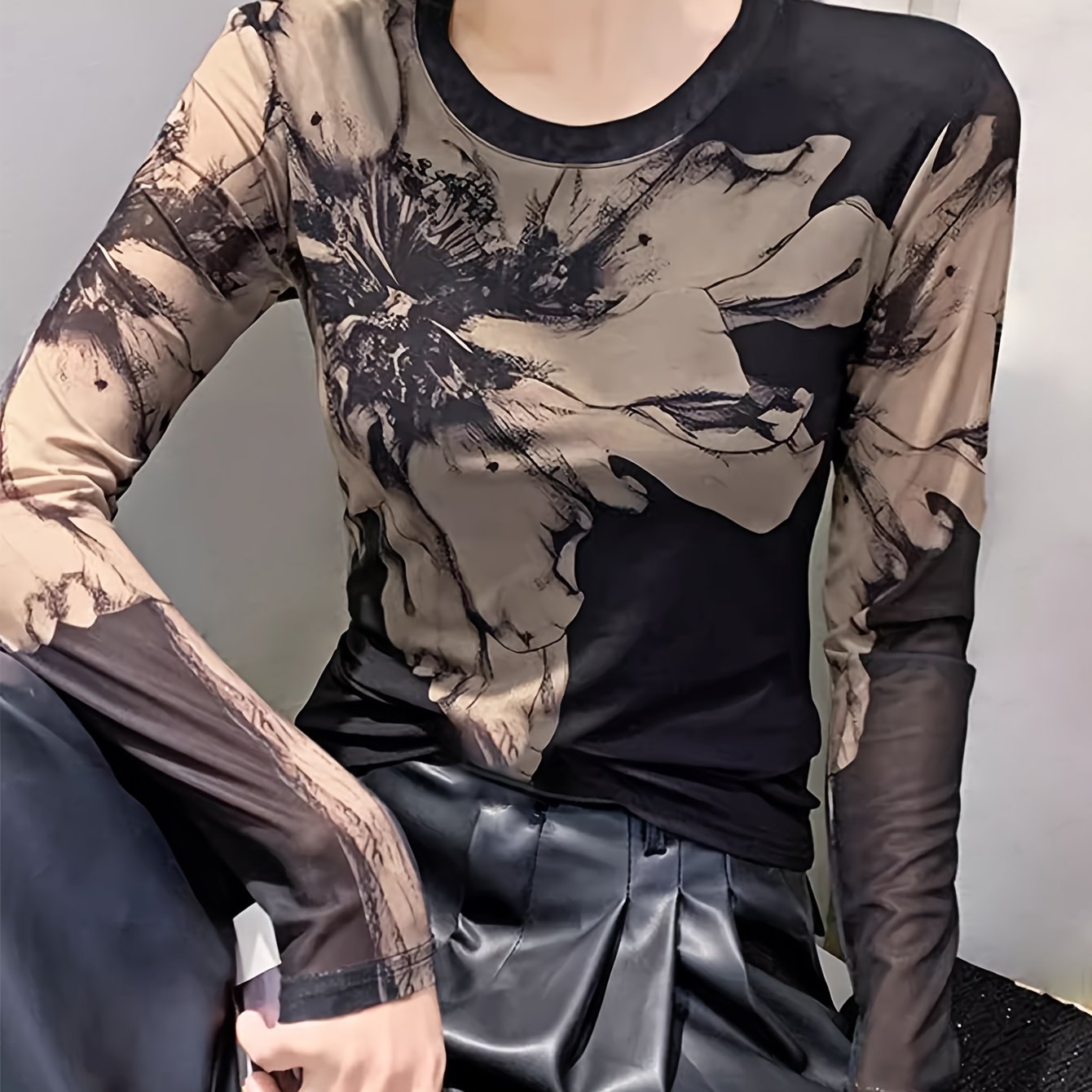 TEMU Floral Print Long Sleeve Mesh T-shirt, Casual Crew Neck Top For Spring & Fall, Women's Clothing