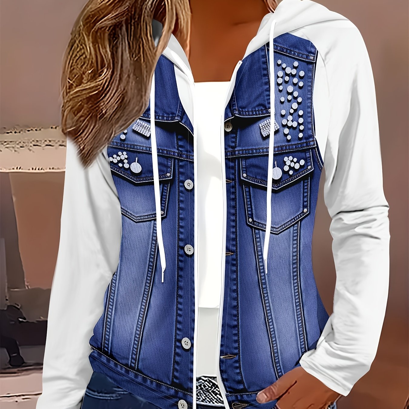 Image of [printed Pants - Not Denim Fabric] Non-denim Fabric Rivet Printed Design Women's Casual Hooded Jacket