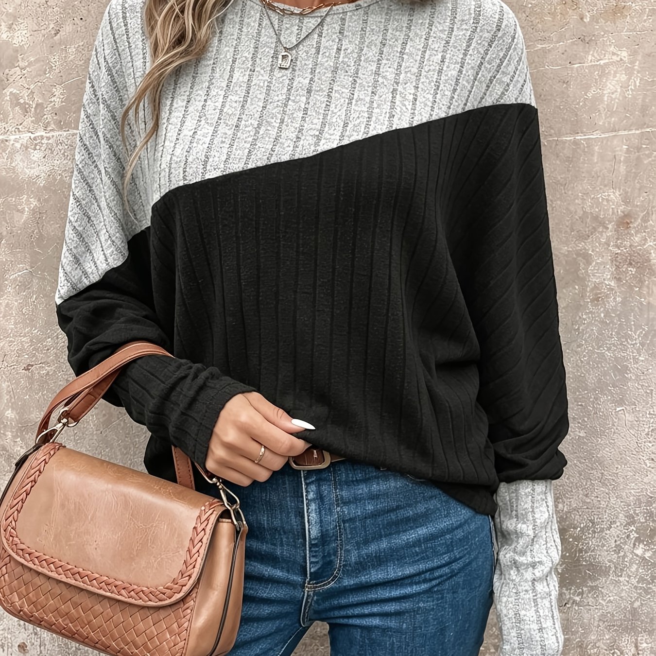 TEMU Women's Ribbed Round Neck Color-block Raglan Sleeve Top - Relaxed Fit Casual Elegant Long Sleeve Shirt, Machine Washable Versatile Wardrobe