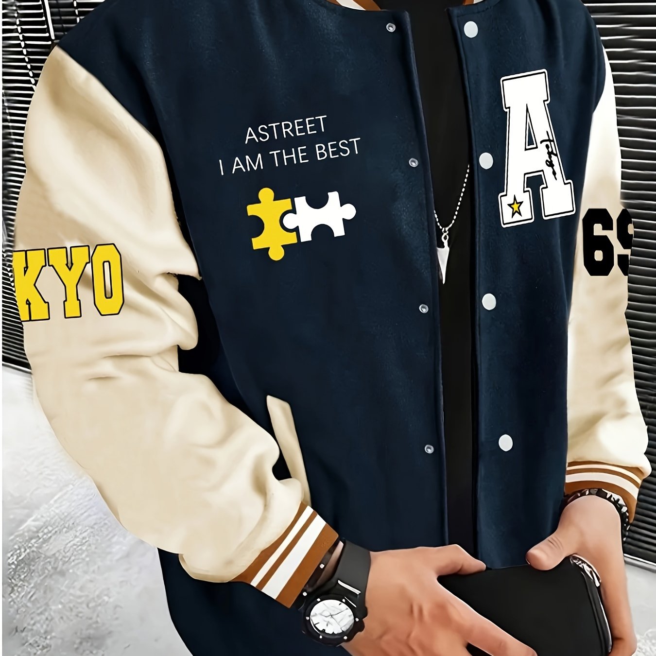 men's casual color block varsity jacket letter a 69 print